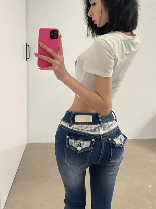 White Laced Low Rise Jeans